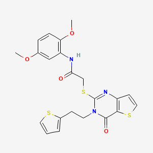 molecular formula C22H21N3O4S3 B2478197 N-(2,5-dimethoxyphenyl)-2-({4-oxo-3-[2-(thiophen-2-yl)ethyl]-3,4-dihydrothieno[3,2-d]pyrimidin-2-yl}sulfanyl)acetamide CAS No. 1260923-39-4