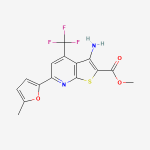 molecular formula C15H11F3N2O3S B2478239 Methyl 3-amino-6-(5-methylfuran-2-yl)-4-(trifluoromethyl)thieno[2,3-b]pyridine-2-carboxylate CAS No. 625377-65-3