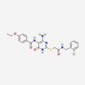 molecular formula C22H22ClN5O4S B2478649 N-(4-amino-2-((2-((2-chlorobenzyl)amino)-2-oxoethyl)thio)-6-oxo-1,6-dihydropyrimidin-5-yl)-4-ethoxybenzamide CAS No. 872608-42-9