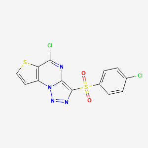 molecular formula C13H6Cl2N4O2S2 B2478658 5-Chloro-3-[(4-chlorophenyl)sulfonyl]thieno[2,3-e][1,2,3]triazolo[1,5-a]pyrimidine CAS No. 1174392-57-4