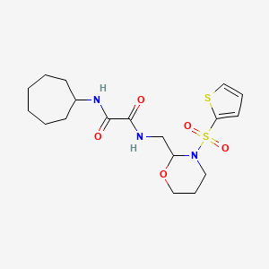 molecular formula C18H27N3O5S2 B2478764 N1-cycloheptyl-N2-((3-(thiophen-2-ylsulfonyl)-1,3-oxazinan-2-yl)methyl)oxalamide CAS No. 872986-88-4