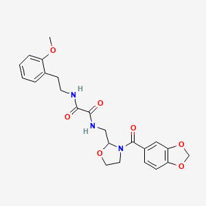 molecular formula C23H25N3O7 B2478963 N-{[3-(2H-1,3-benzodioxole-5-carbonyl)-1,3-oxazolidin-2-yl]methyl}-N'-[2-(2-methoxyphenyl)ethyl]ethanediamide CAS No. 874805-53-5