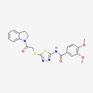 molecular formula C21H20N4O4S2 B2479040 N-(5-((2-(indolin-1-yl)-2-oxoethyl)thio)-1,3,4-thiadiazol-2-yl)-3,4-dimethoxybenzamide CAS No. 392300-95-7