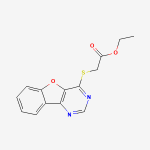 molecular formula C14H12N2O3S B2479053 ethyl 2-{8-oxa-3,5-diazatricyclo[7.4.0.0^{2,7}]trideca-1(9),2(7),3,5,10,12-hexaen-6-ylsulfanyl}acetate CAS No. 294875-06-2