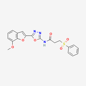molecular formula C20H17N3O6S B2479393 N-(5-(7-methoxybenzofuran-2-yl)-1,3,4-oxadiazol-2-yl)-3-(phenylsulfonyl)propanamide CAS No. 922041-87-0