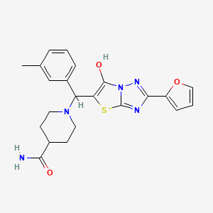 molecular formula C22H23N5O3S B2479486 1-((2-(Furan-2-yl)-6-hydroxythiazolo[3,2-b][1,2,4]triazol-5-yl)(m-tolyl)methyl)piperidine-4-carboxamide CAS No. 896292-88-9