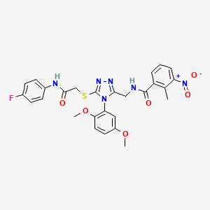 molecular formula C27H25FN6O6S B2479514 N-{[4-(2,5-dimethoxyphenyl)-5-({[(4-fluorophenyl)carbamoyl]methyl}sulfanyl)-4H-1,2,4-triazol-3-yl]methyl}-2-methyl-3-nitrobenzamide CAS No. 394226-43-8