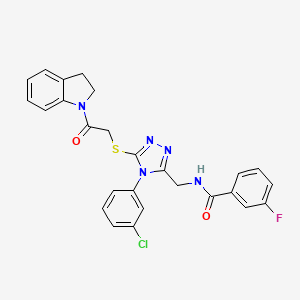 molecular formula C26H21ClFN5O2S B2479522 N-((4-(3-chlorophenyl)-5-((2-(indolin-1-yl)-2-oxoethyl)thio)-4H-1,2,4-triazol-3-yl)methyl)-3-fluorobenzamide CAS No. 391914-69-5