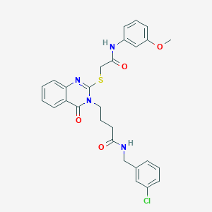 molecular formula C28H27ClN4O4S B2479566 N-[(3-chlorophenyl)methyl]-4-[2-({[(3-methoxyphenyl)carbamoyl]methyl}sulfanyl)-4-oxo-3,4-dihydroquinazolin-3-yl]butanamide CAS No. 451464-87-2