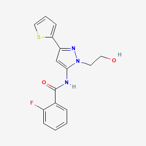 molecular formula C16H14FN3O2S B2479728 2-氟-N-(1-(2-羟乙基)-3-(噻吩-2-基)-1H-吡唑-5-基)苯甲酰胺 CAS No. 1219913-39-9