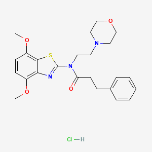 molecular formula C24H30ClN3O4S B2479731 N-(4,7-dimethoxybenzo[d]thiazol-2-yl)-N-(2-morpholinoethyl)-3-phenylpropanamide hydrochloride CAS No. 1329930-07-5