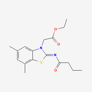 molecular formula C17H22N2O3S B2479904 Ethyl 2-(2-butanoylimino-5,7-dimethyl-1,3-benzothiazol-3-yl)acetate CAS No. 1321656-86-3