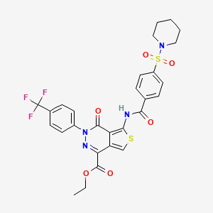 molecular formula C28H25F3N4O6S2 B2479915 Ethyl 4-oxo-5-(4-(piperidin-1-ylsulfonyl)benzamido)-3-(4-(trifluoromethyl)phenyl)-3,4-dihydrothieno[3,4-d]pyridazine-1-carboxylate CAS No. 896677-14-8