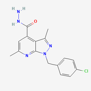molecular formula C16H16ClN5O B2479975 1-(4-chlorobenzyl)-3,6-dimethyl-1H-pyrazolo[3,4-b]pyridine-4-carbohydrazide CAS No. 938006-72-5