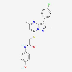 molecular formula C22H19ClN4O2S B2479990 2-{[3-(4-chlorophenyl)-2,5-dimethylpyrazolo[1,5-a]pyrimidin-7-yl]sulfanyl}-N-(4-hydroxyphenyl)acetamide CAS No. 862209-65-2