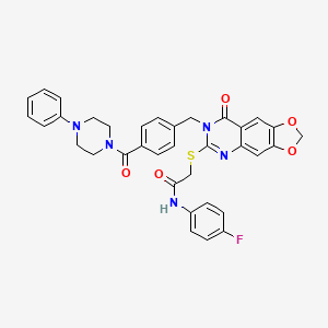 molecular formula C35H30FN5O5S B2480027 N-(4-fluorophenyl)-2-[(8-oxo-7-{[4-(4-phenylpiperazine-1-carbonyl)phenyl]methyl}-2H,7H,8H-[1,3]dioxolo[4,5-g]quinazolin-6-yl)sulfanyl]acetamide CAS No. 689760-18-7