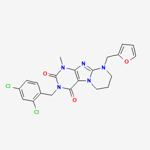 molecular formula C21H19Cl2N5O3 B2480062 3-[(2,4-dichlorophenyl)methyl]-9-(furan-2-ylmethyl)-1-methyl-7,8-dihydro-6H-purino[7,8-a]pyrimidine-2,4-dione CAS No. 849923-73-5