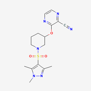 molecular formula C16H20N6O3S B2480063 3-((1-((1,3,5-trimethyl-1H-pyrazol-4-yl)sulfonyl)piperidin-3-yl)oxy)pyrazine-2-carbonitrile CAS No. 2034231-55-3