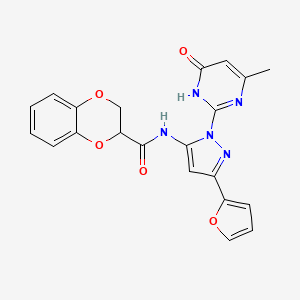 molecular formula C21H17N5O5 B2480065 N-(3-(furan-2-yl)-1-(4-methyl-6-oxo-1,6-dihydropyrimidin-2-yl)-1H-pyrazol-5-yl)-2,3-dihydrobenzo[b][1,4]dioxine-2-carboxamide CAS No. 1207016-95-2