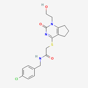 molecular formula C18H20ClN3O3S B2480210 N-(4-chlorobenzyl)-2-((1-(2-hydroxyethyl)-2-oxo-2,5,6,7-tetrahydro-1H-cyclopenta[d]pyrimidin-4-yl)thio)acetamide CAS No. 920233-41-6