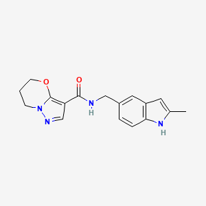 molecular formula C17H18N4O2 B2480338 N-((2-methyl-1H-indol-5-yl)methyl)-6,7-dihydro-5H-pyrazolo[5,1-b][1,3]oxazine-3-carboxamide CAS No. 1428364-77-5