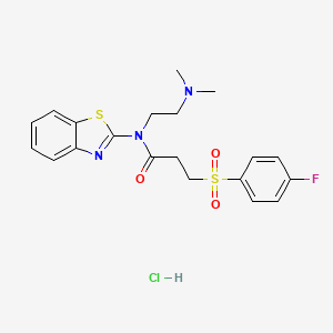 molecular formula C20H23ClFN3O3S2 B2480597 N-(1,3-BENZOTHIAZOL-2-YL)-N-[2-(DIMETHYLAMINO)ETHYL]-3-(4-FLUOROBENZENESULFONYL)PROPANAMIDE HYDROCHLORIDE CAS No. 1219179-87-9