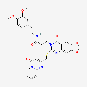molecular formula C31H29N5O7S B2480618 N-[2-(3,4-dimethoxyphenyl)ethyl]-3-{8-oxo-6-[({4-oxo-4H-pyrido[1,2-a]pyrimidin-2-yl}methyl)sulfanyl]-2H,7H,8H-[1,3]dioxolo[4,5-g]quinazolin-7-yl}propanamide CAS No. 688059-64-5