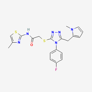 molecular formula C20H19FN6OS2 B2480669 2-{[4-(4-fluorophenyl)-5-[(1-methyl-1H-pyrrol-2-yl)methyl]-4H-1,2,4-triazol-3-yl]sulfanyl}-N-(4-methyl-1,3-thiazol-2-yl)acetamide CAS No. 847394-19-8