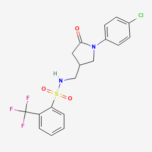 molecular formula C18H16ClF3N2O3S B2480932 N-((1-(4-chlorophenyl)-5-oxopyrrolidin-3-yl)methyl)-2-(trifluoromethyl)benzenesulfonamide CAS No. 954634-01-6