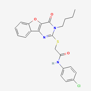 molecular formula C22H20ClN3O3S B2480941 2-({5-butyl-6-oxo-8-oxa-3,5-diazatricyclo[7.4.0.0^{2,7}]trideca-1(9),2(7),3,10,12-pentaen-4-yl}sulfanyl)-N-(4-chlorophenyl)acetamide CAS No. 899940-94-4