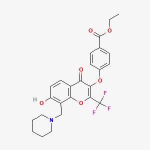 molecular formula C25H24F3NO6 B2480977 ethyl 4-({7-hydroxy-4-oxo-8-[(piperidin-1-yl)methyl]-2-(trifluoromethyl)-4H-chromen-3-yl}oxy)benzoate CAS No. 637752-62-6