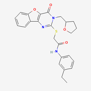 molecular formula C25H25N3O4S B2481127 N-(3-ethylphenyl)-2-({6-oxo-5-[(oxolan-2-yl)methyl]-8-oxa-3,5-diazatricyclo[7.4.0.0^{2,7}]trideca-1(9),2(7),3,10,12-pentaen-4-yl}sulfanyl)acetamide CAS No. 899754-99-5