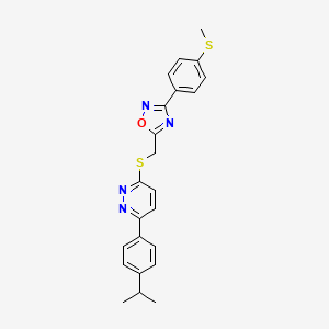 molecular formula C23H22N4OS2 B2481159 3-[({3-[4-(Methylsulfanyl)phenyl]-1,2,4-oxadiazol-5-yl}methyl)sulfanyl]-6-[4-(propan-2-yl)phenyl]pyridazine CAS No. 1115285-94-3
