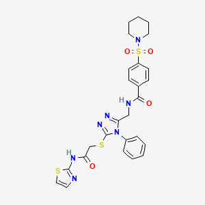 molecular formula C26H27N7O4S3 B2481214 N-((5-((2-oxo-2-(thiazol-2-ylamino)ethyl)thio)-4-phenyl-4H-1,2,4-triazol-3-yl)methyl)-4-(piperidin-1-ylsulfonyl)benzamide CAS No. 392682-71-2