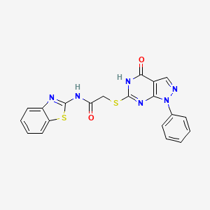 molecular formula C20H14N6O2S2 B2481247 N-(1,3-benzothiazol-2-yl)-2-({4-oxo-1-phenyl-1H,4H,5H-pyrazolo[3,4-d]pyrimidin-6-yl}sulfanyl)acetamide CAS No. 850912-06-0