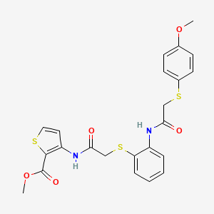 molecular formula C23H22N2O5S3 B2481305 Methyl 3-[(2-{[2-({2-[(4-methoxyphenyl)sulfanyl]acetyl}amino)phenyl]sulfanyl}acetyl)amino]-2-thiophenecarboxylate CAS No. 477887-75-5