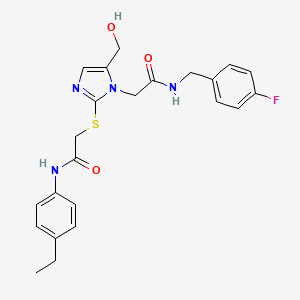 molecular formula C23H25FN4O3S B2481317 N-(4-ethylphenyl)-2-{[1-({[(4-fluorophenyl)methyl]carbamoyl}methyl)-5-(hydroxymethyl)-1H-imidazol-2-yl]sulfanyl}acetamide CAS No. 921801-94-7