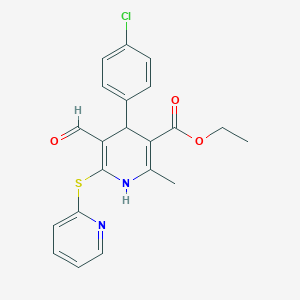 molecular formula C21H19ClN2O3S B2481374 Ethyl 4-(4-chlorophenyl)-5-formyl-2-methyl-6-(2-pyridinylsulfanyl)-1,4-dihydro-3-pyridinecarboxylate CAS No. 478261-90-4