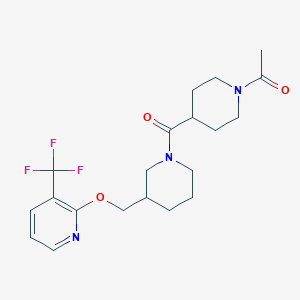 B2481496 1-[4-[3-[[3-(Trifluoromethyl)pyridin-2-yl]oxymethyl]piperidine-1-carbonyl]piperidin-1-yl]ethanone CAS No. 2379971-47-6
