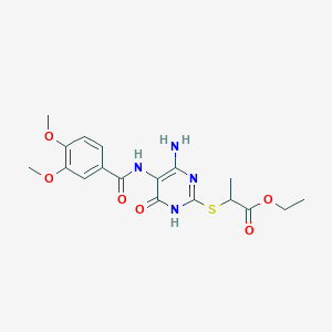 molecular formula C18H22N4O6S B2481565 Ethyl 2-((4-amino-5-(3,4-dimethoxybenzamido)-6-oxo-1,6-dihydropyrimidin-2-yl)thio)propanoate CAS No. 868228-30-2