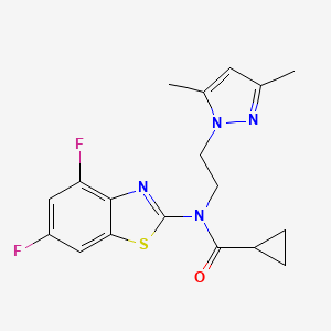 molecular formula C18H18F2N4OS B2481568 N-(4,6-difluoro-1,3-benzothiazol-2-yl)-N-[2-(3,5-dimethyl-1H-pyrazol-1-yl)ethyl]cyclopropanecarboxamide CAS No. 1172505-26-8