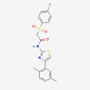 molecular formula C19H17FN2O3S2 B2481569 N-(4-(2,5-dimethylphenyl)thiazol-2-yl)-2-((4-fluorophenyl)sulfonyl)acetamide CAS No. 895470-17-4