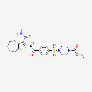 molecular formula C24H30N4O6S2 B2481618 ethyl 4-((4-((3-carbamoyl-5,6,7,8-tetrahydro-4H-cyclohepta[b]thiophen-2-yl)carbamoyl)phenyl)sulfonyl)piperazine-1-carboxylate CAS No. 398999-73-0