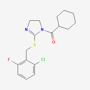molecular formula C17H20ClFN2OS B2481756 2-{[(2-chloro-6-fluorophenyl)methyl]sulfanyl}-1-cyclohexanecarbonyl-4,5-dihydro-1H-imidazole CAS No. 851802-68-1