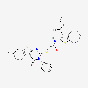 molecular formula C31H33N3O4S3 B2481855 ethyl 2-[2-({11-methyl-3-oxo-4-phenyl-8-thia-4,6-diazatricyclo[7.4.0.0^{2,7}]trideca-1(9),2(7),5-trien-5-yl}sulfanyl)acetamido]-4H,5H,6H,7H,8H-cyclohepta[b]thiophene-3-carboxylate CAS No. 500113-45-1