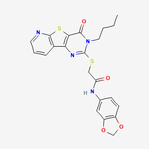 molecular formula C22H20N4O4S2 B2482004 N-(1,3-benzodioxol-5-yl)-2-[(5-butyl-6-oxo-8-thia-3,5,10-triazatricyclo[7.4.0.02,7]trideca-1(9),2(7),3,10,12-pentaen-4-yl)sulfanyl]acetamide CAS No. 1242895-64-2
