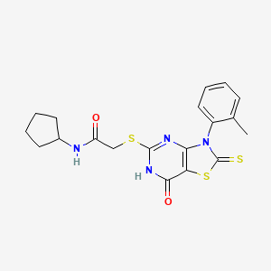 molecular formula C19H20N4O2S3 B2482043 N-cyclopentyl-2-((7-oxo-2-thioxo-3-(o-tolyl)-2,3,6,7-tetrahydrothiazolo[4,5-d]pyrimidin-5-yl)thio)acetamide CAS No. 1040653-58-4