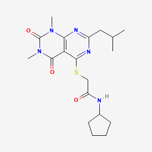 molecular formula C19H27N5O3S B2482103 N-cyclopentyl-2-{[6,8-dimethyl-2-(2-methylpropyl)-5,7-dioxo-5H,6H,7H,8H-[1,3]diazino[4,5-d]pyrimidin-4-yl]sulfanyl}acetamide CAS No. 893903-37-2