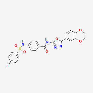 molecular formula C23H17FN4O6S B2482166 N-(5-(2,3-dihydrobenzo[b][1,4]dioxin-6-yl)-1,3,4-oxadiazol-2-yl)-4-(4-fluorophenylsulfonamido)benzamide CAS No. 886908-73-2