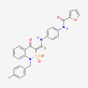 molecular formula C28H23N3O5S B2482277 N-[4-({(E)-[1-(4-methylbenzyl)-2,2-dioxido-4-oxo-1,4-dihydro-3H-2,1-benzothiazin-3-ylidene]methyl}amino)phenyl]-2-furamide CAS No. 892302-69-1